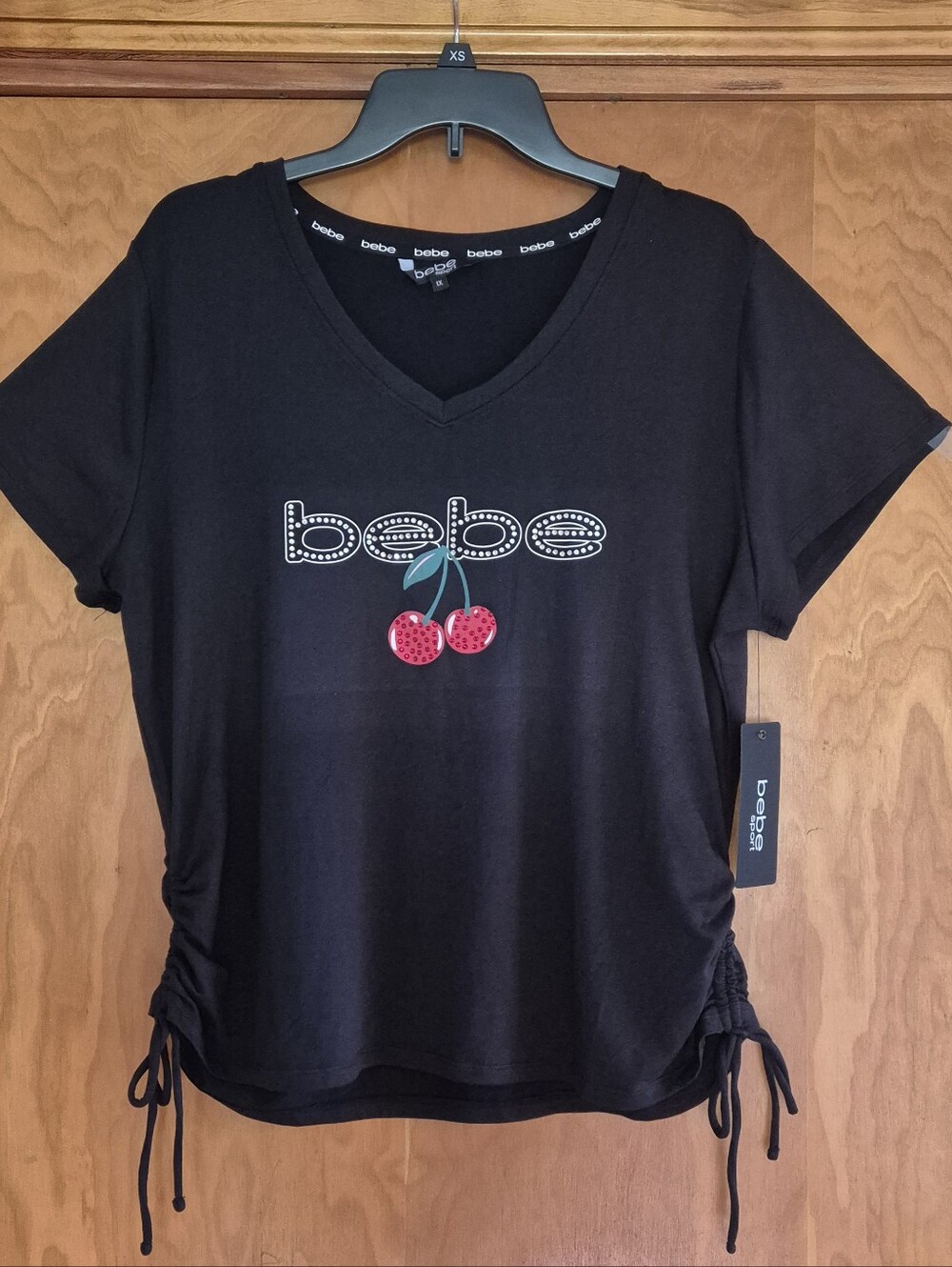 bebe Women's Plus 1X Black V-Neck Tee with Studded Logo and Cherry Graphic
